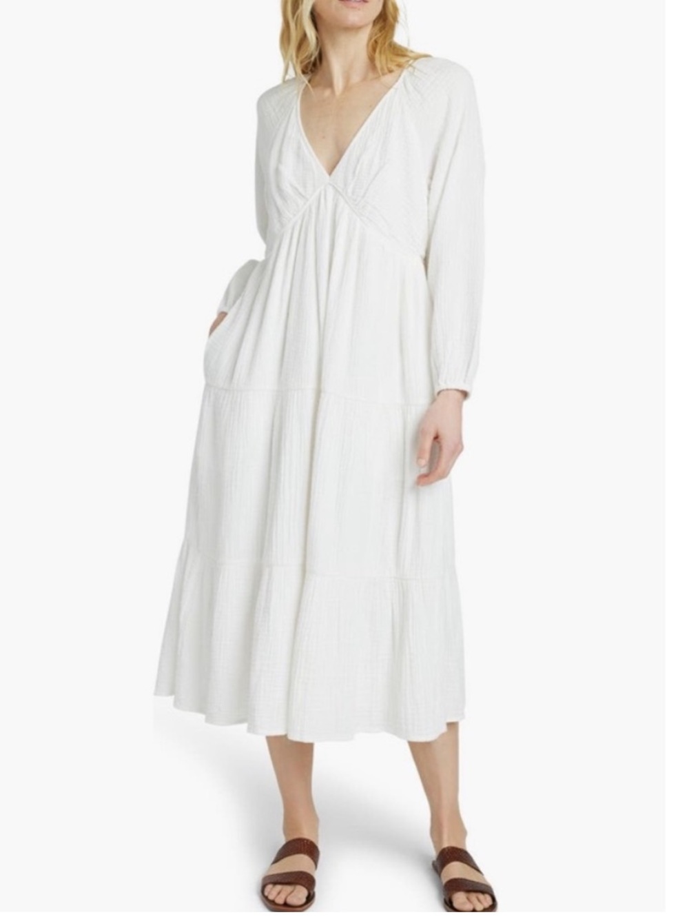 Faherty Organic White  Cotton V-Neck Midi Dress Sz L
